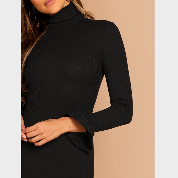 Black Flounce Sleeve Pencil Dress Midi Bodycon - Picture 5 of 6